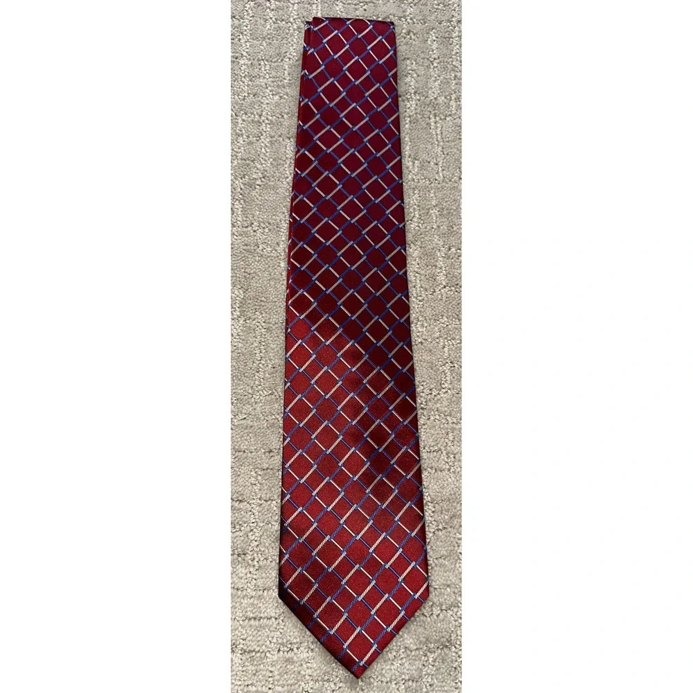 Daniel Gray Red Silk Tie Geometric Check Lattice Pattern Classic Business Weddin